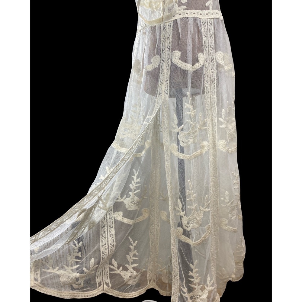 Woven Heart Ivory Floral Embroidered Sheer Mesh Maxi Dress Boho Duster Large - Picture 7 of 9